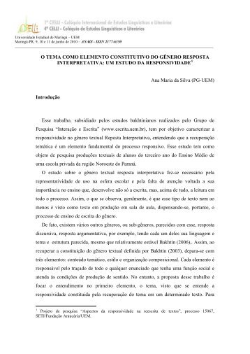 o tema como elemento constitutivo do gênero resposta ... - Cielli