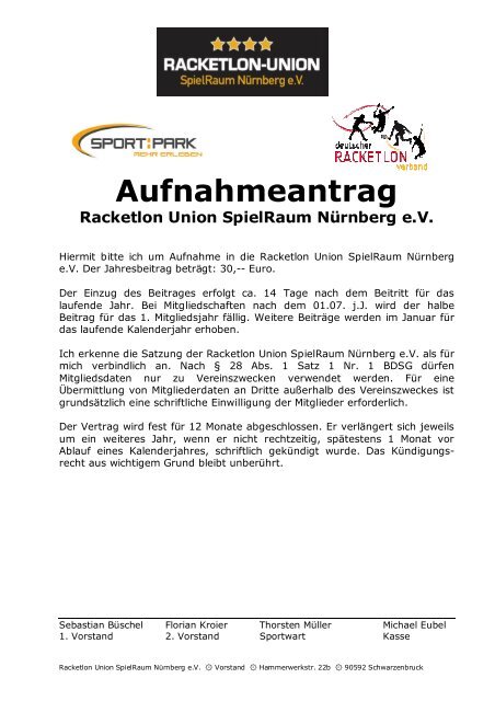 Aufnahmeantrag Racketlon Union SpielRaum Nürnberg eV