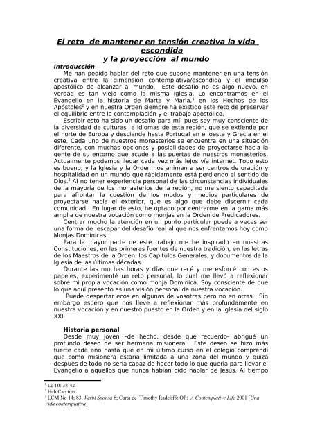 El reto de mantener en tensión creativa la vida escondida - Order of ...
