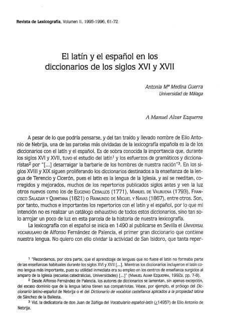 El latín y el español en los diccionarios de los siglos XVI y XVII - RUC