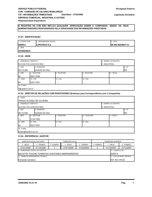 ITR 1T08 - Relatórios Financeiros Trimestrais - Lupatech