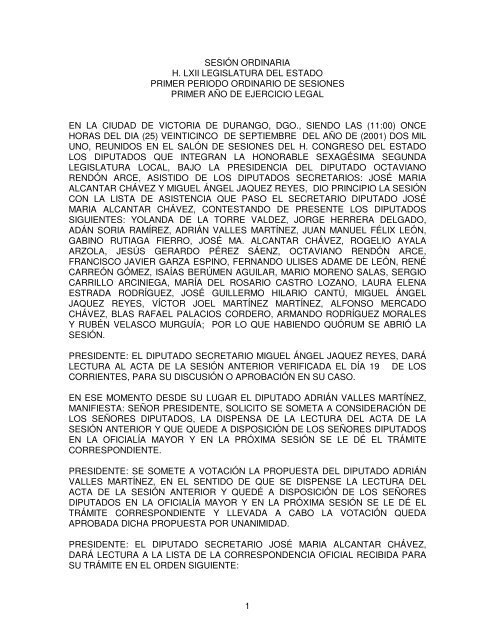 1 sesión ordinaria h. lxii legislatura del estado primer periodo ...