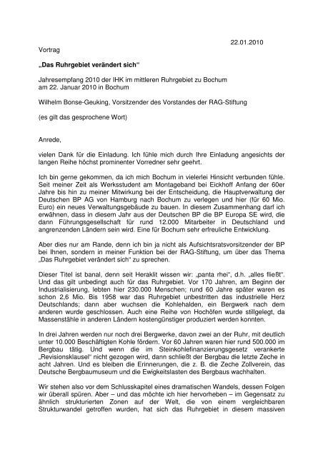 Jahresempfang der IHK im mittleren Ruhrgebiet zu ... - RAG-Stiftung