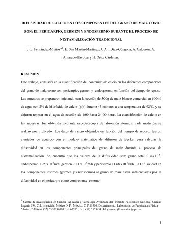 difusividad de calcio en los componentes del grano de maíz como son