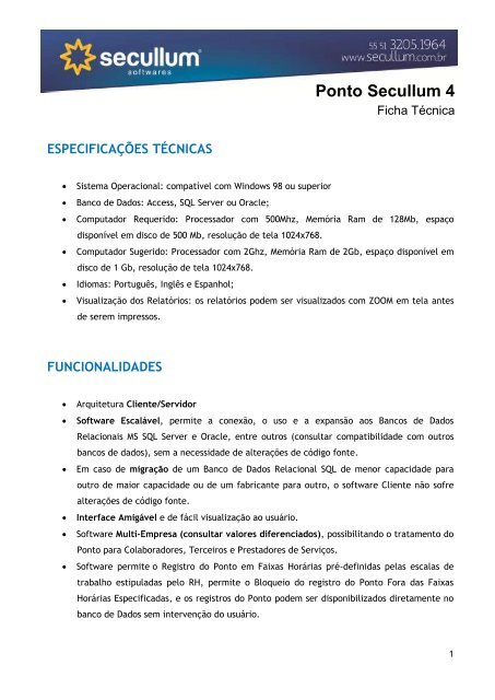 Ficha Técnica do Software - A Hora Certa Relógios de Ponto