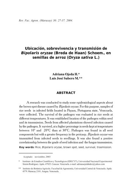 Ubicación, sobrevivencia y transmisión de Bipolaris oryzae - Revista ...