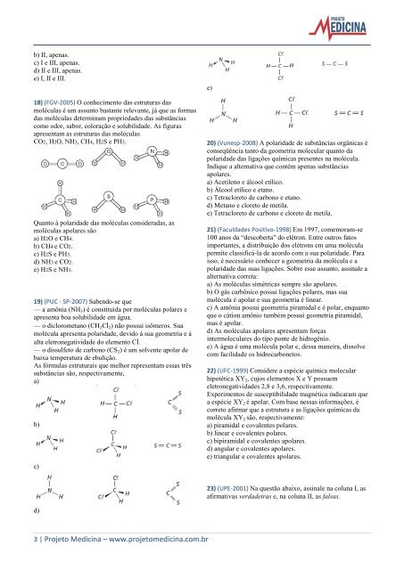 Exercícios de Química Geometria Molecular - Projeto Medicina