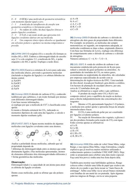 Exercícios de Química Geometria Molecular - Projeto Medicina