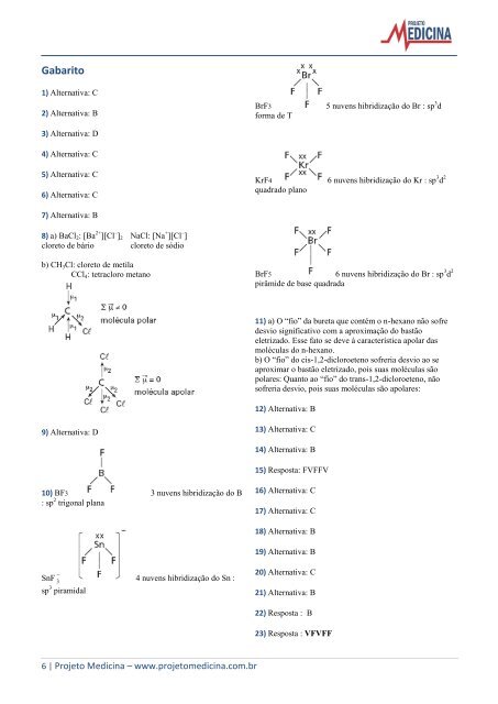 Exercícios de Química Geometria Molecular - Projeto Medicina