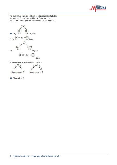 Exercícios de Química Geometria Molecular - Projeto Medicina