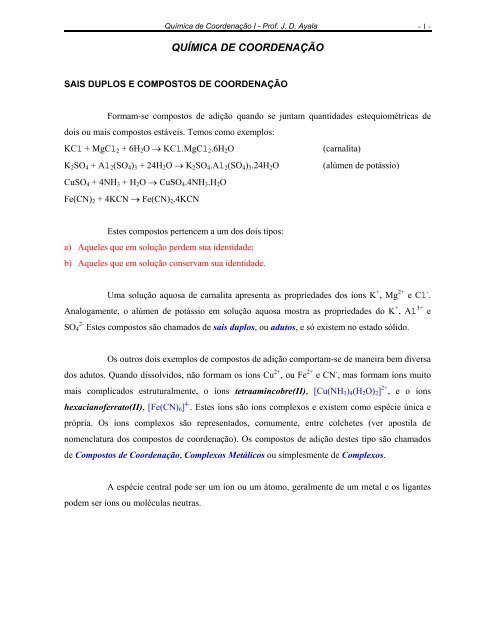 QUÍMICA DE COORDENAÇÃO - Departamento de Química/UFMG