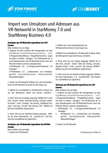 Import von Umsätzen und Adressen aus VR-Networld in StarMoney ...