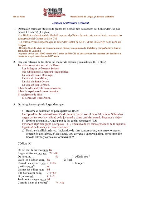 Examen de literatura Medieval 1. Destaca en forma ... - IES La Nucia