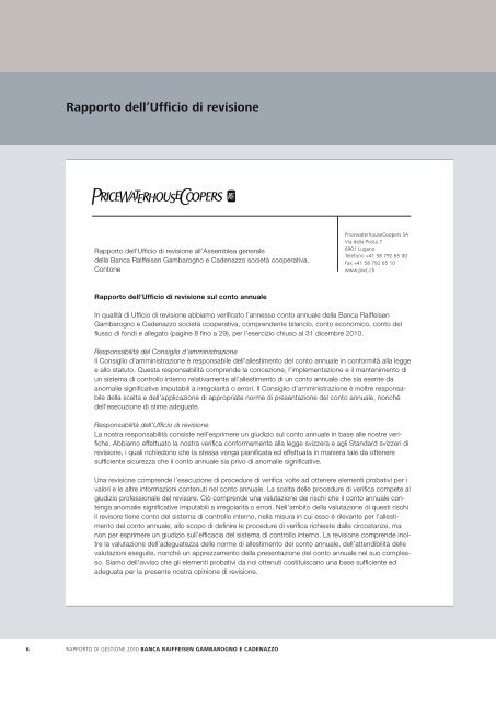 Rapporto di gestione 2010 Banca Raiffeisen Gambarogno e ...