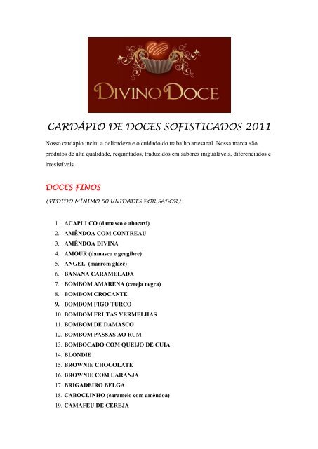 CARDÁPIO DE DOCES SOFISTICADOS 2011 - Divino Doce