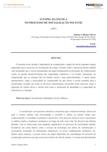 O PAPEL DA ESCOLA NO PROCESSO DE SOCIALIZAÇÃO INFANTIL