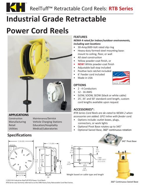 Rtb Series Industrial Grade Retractable Power Cord Reels