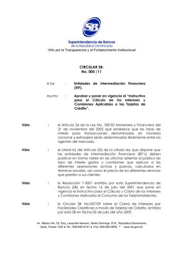 CIRCULAR SB: No. 005 /11 - Superintendencia de Bancos