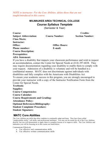 Syllabus Template - Milwaukee Area Technical College