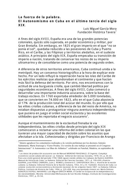 La fuerza de la palabra. El Autonomismo en Cuba en el último tercio ...