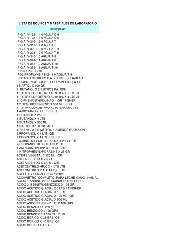 lista de equipos y materiales de laboratorio