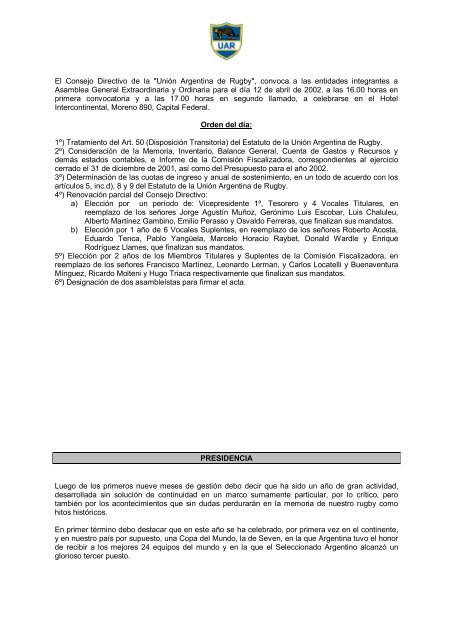 Memoria 2001 - Unión Argentina de Rugby