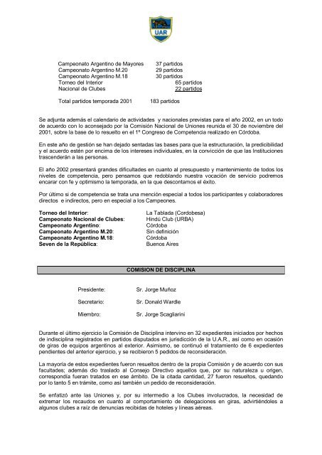 Memoria 2001 - Unión Argentina de Rugby