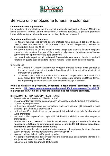 Manuale operativo Servizi cimiteriali - Comune di Cusano Milanino