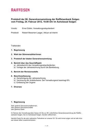 Protokoll der 86. Generalversammlung 2012 - Raiffeisen
