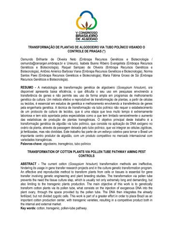 transformação de plantas de algodoeiro via ... - Embrapa Algodão