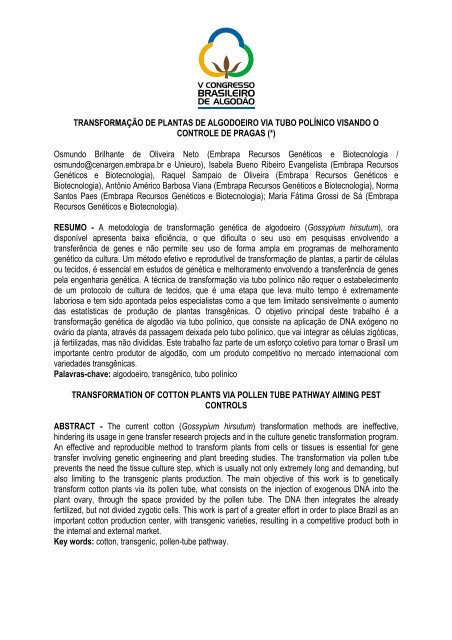 transformação de plantas de algodoeiro via ... - Embrapa Algodão