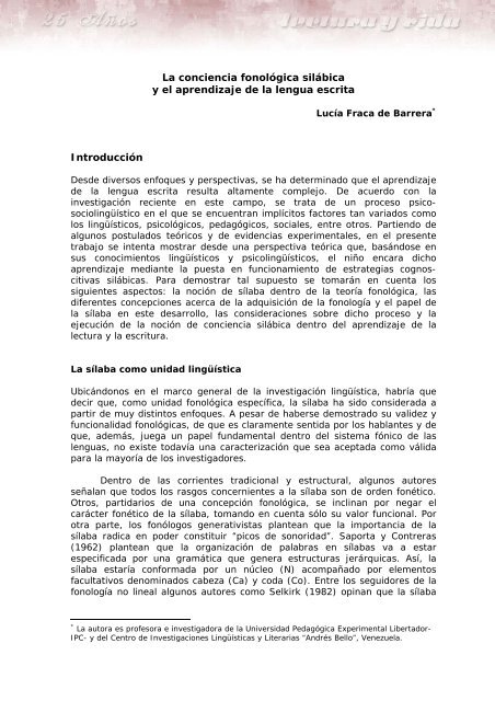 La conciencia fonológica silábica y el aprendizaje de la lengua ...