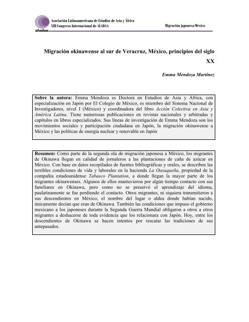 Migración okinawense al sur de Veracruz, México, principios del ...