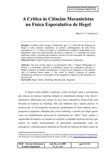 A Crítica às Ciências Mecanicistas na Física Especulativa de Hegel
