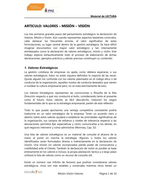 articulo: valores – misión – visión - Centro de Innovación - IPAE