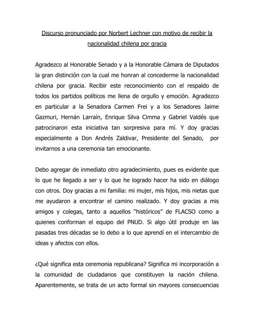 Discurso pronunciado por Norbert Lechner con motivo de recibir la ...