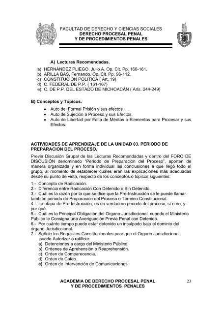 derecho procesal penal y de procedimientos penales - Facultad de ...