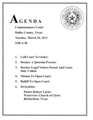 Commissioners Court Dallas County, Texas Tuesday, March 26 ...