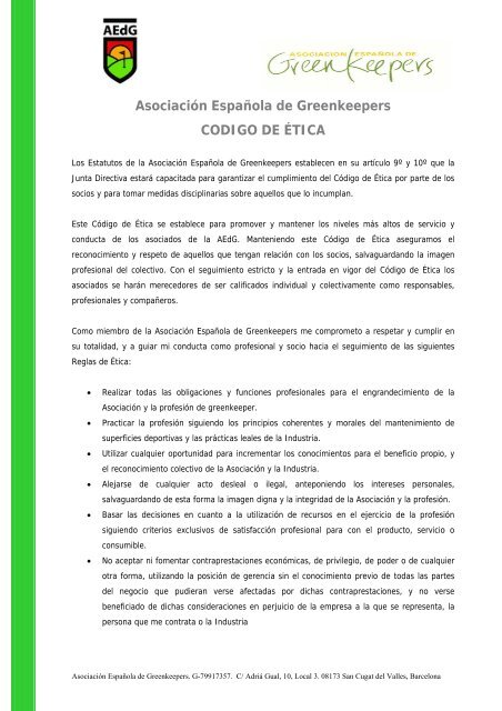 Código de ética - Asociación Española de Greenkeepers