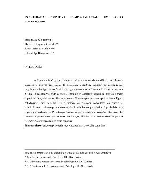 Psicoterapia Cognitivo Comportamental: Um Olhar ... - Ulbra