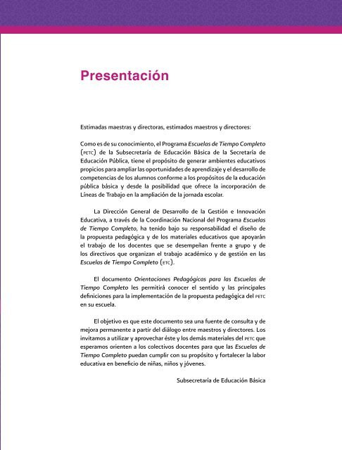 Orientaciones pedagógicas para las Escuelas de Tiempo Completo