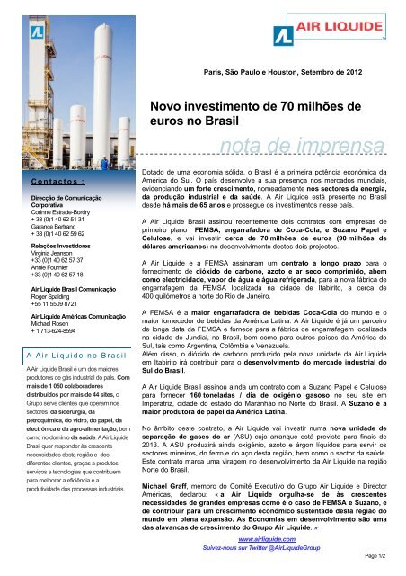 Investimento no Brasil - Air Liquide