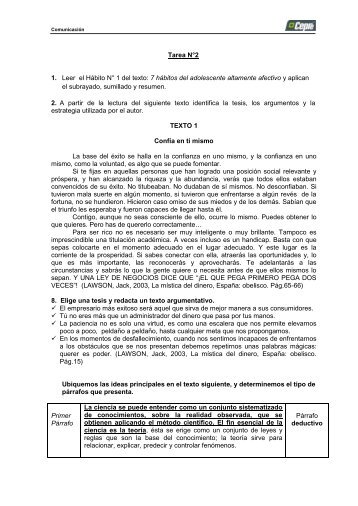 Tarea N°2 1. Leer el Hábito N° 1 del texto: 7 hábitos del adolescente ...