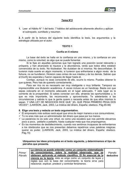 Tarea N°2 1. Leer el Hábito N° 1 del texto: 7 hábitos del adolescente ...