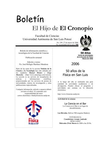 Boletín el hijo del Cronopio 2006, Numero - Facultad de Ciencias ...