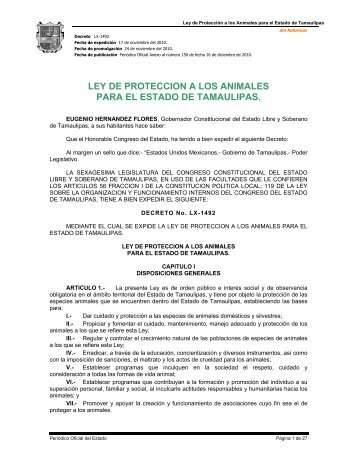 ley de proteccion a los animales para el estado de tamaulipas.