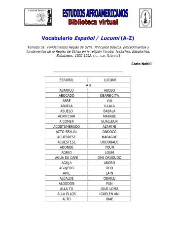 Vocabulario Español / Lucumí (A-Z) - AfroAtenas