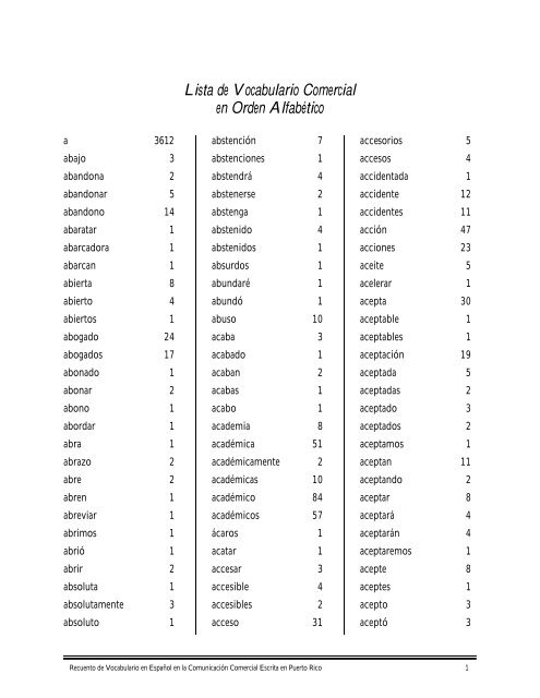 Lista de Vocabulario Comercial en Orden de Alfabetico