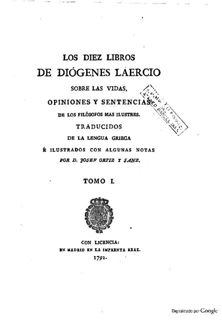 DIÓGENES LAERCIO – 1792 – Sobre las vidas, opiniones y