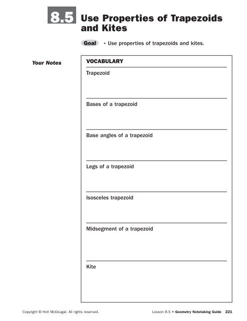 8.5 Use Properties of Trapezoids and Kites